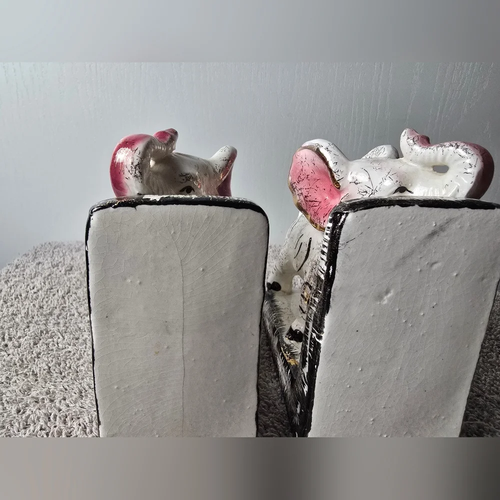 Retro Mid Century Hand Painted Elephant Bookends With Trunks Up